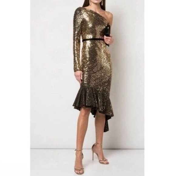 Marchesa Notte Metallic Sequin One Shoulder Ruffle Cocktail Dress Sz 4 Evening - Picture 1 of 8